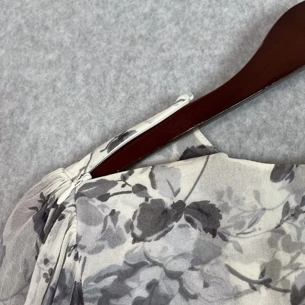 Zimmermann White Grey Floral Havoc Picot Silk Long Sleeve Blouse Size 3 - Picture 6 of 9